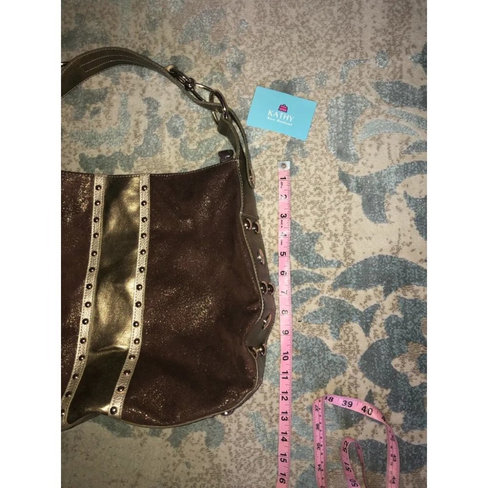 Kathy van Zeeland Shoulder Hand Bag Purse Gold faux suede brown Glam slouch hobo - Picture 9 of 13